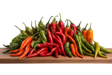 A Sizzling Symphony: A Bountiful Array of Peppers on a Rustic Wooden Cutting Board. On White or PNG Transparent Background.