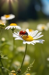 ladybug on daisy summer background. Ladybird on daisy, chamomile. Image about summer, spring, flowers and joy.