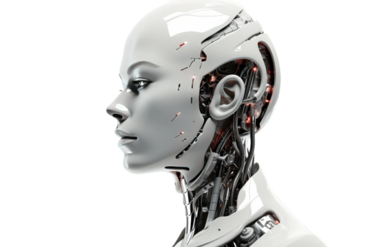 The Illuminated Guardian: A White Robot With Striking Red Lights. On White or PNG Transparent Background.