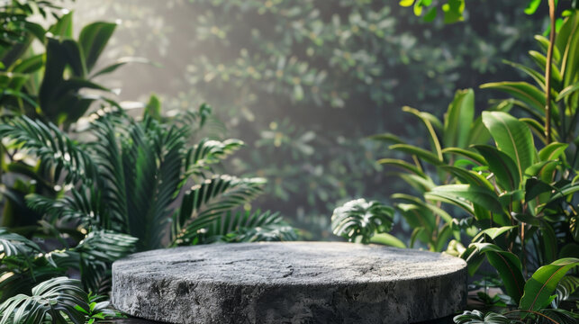 Podium background product green nature 3D forest stand white plant. Cosmetic background product podium display wood jungle studio garden beauty platform presentation mockup pedestal stone tropical 