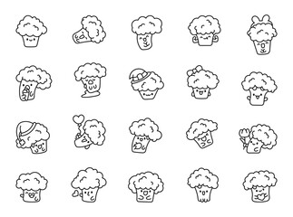 Cute kawaii broccoli with funny face. Coloring Page. Adorable cartoon food character. Hand drawn style. Vector drawing. Collection of design elements.
