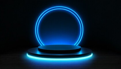 Luminous Landscape: 3D Blue Neon Podium Stage