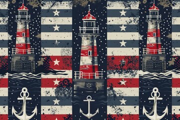 Nautical theme cross-stitch pattern, lighthouses and anchors. - obrazy, fototapety, plakaty