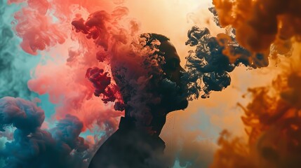 Portrait of a dark face in smoke with lots of colors presenting mind or sadness and depression with space, Generative AI. - obrazy, fototapety, plakaty