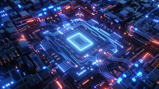 Quantum computer in action, neon blue lights.