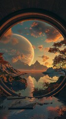 Portal to parallel universes on a terraformed Mars, dawn light, wide angle, new beginnings - obrazy, fototapety, plakaty