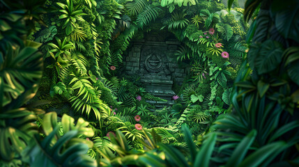 3D jungle foliage spirals around a temple, vibrant greens with floral hints.