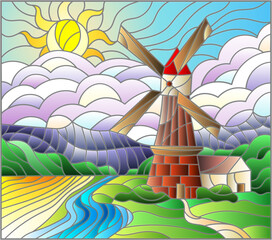 An illustration in the style of a stained glass window with a landscape, a mill against a background of meadows, mountains and a sunny sky