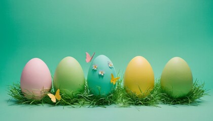 Fototapeta premium Green Easter eggs and holiday symbols paper art elements grass flowers butterflies Isolated on a isolated pastel background