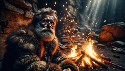 elder man with a wise, weathered face and a full, unkempt beard sits by a crackling fire. The fire illuminates his rugged features and reflective - obrazy, fototapety, plakaty