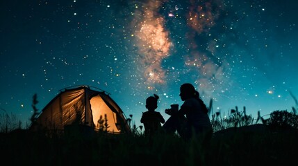 Under the stars, a mom and her kid camping in the backyard, sharing stories and dreams. - 784436479