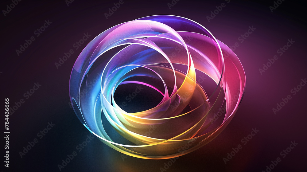 Poster overlapping rainbow hues shape a glowing, intricate 3d circular object.