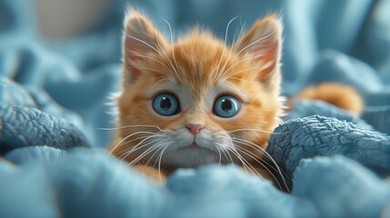 A 3D cute cartoon illustration of a playful kitten, depicted on a solid blue background, showcasing...