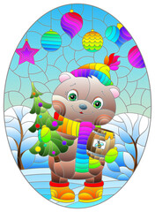 An illustration in the style of a stained glass window with a cartoon bear on the background of a winter landscape