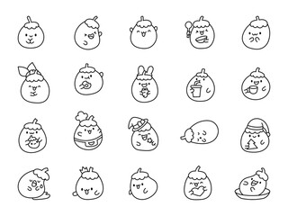 Cute kawaii eggplant vegetable. Coloring Page. Adorable cartoon food character. Hand drawn style. Vector drawing. Collection of design elements.