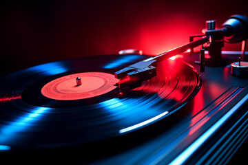 A close-up of a vinyl record player with a spinning disc, illuminated by dynamic red and blue...
