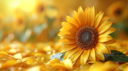 A 3D cute cartoon illustration of a joyful sunflower, presented on a solid yellow background,...