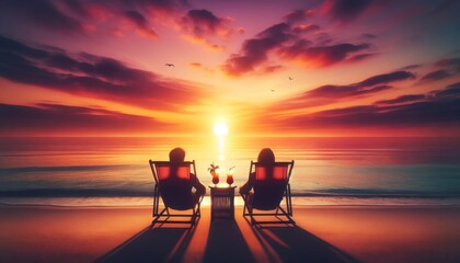 beach scene at sunset. Two people are relaxing in beach chairs with their backs to the viewer