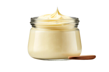 Creamy Delights: A Jar of Cream and Wooden Spoon. On White or PNG Transparent Background.