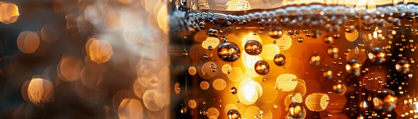 Rectangular glass with stout, micro bubbles, macro shot, dim ambiance. - obrazy, fototapety, plakaty