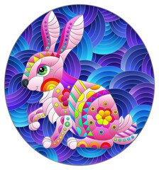 Stained glass illustration with a cute rabbit on a background of blue waves,  oval image