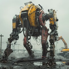 A giant yellow robot stands in the middle of a construction site.