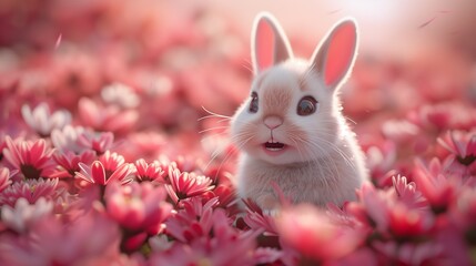 A 3D cute cartoon illustration of a smiling bunny, rendered on a solid pink background, capturing its adorable features and vibrant colors with the clarity of an HD camera