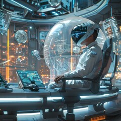 A man wearing a futuristic spacesuit is sitting in a chair in a spaceship. He is looking at a control panel.