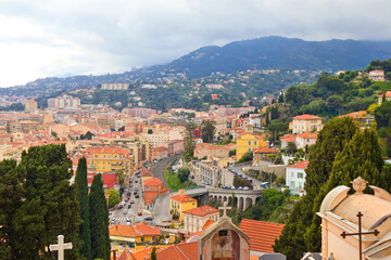 Panorama with colorful houses in downtown in Menton, France