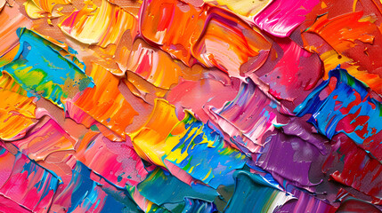 Abstract colorful oil painting on canvas. Oil paint texture with brush and palette knife strokes. Multi colored wallpaper. Macro close up acrylic background. Modern art concept. Horizontal fragment.
