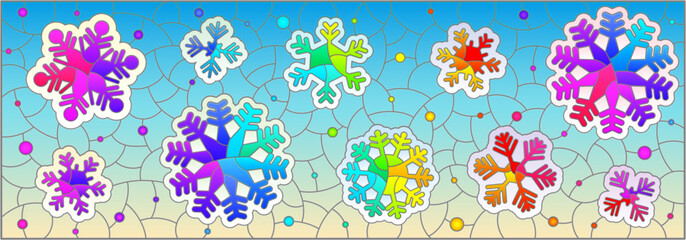 An illustration in the style of a stained glass window with bright snowflakes on a blue night sky background