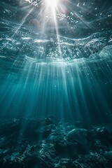 Fototapeta premium Dark blue ocean surface. view from under water. rays of sun break through the thick water. generative ai