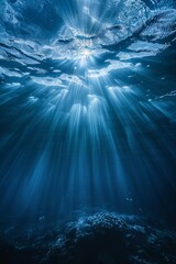 Dark blue ocean surface. view from under water. rays of sun break through the thick water. generative ai