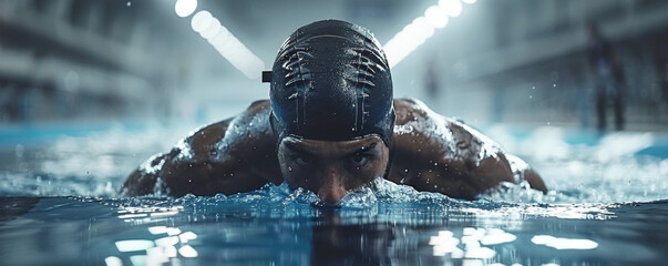 Focused swimmer in indoor pool intense gaze while doing butterfly stroke. Water ripples around reflecting determination and athleticism