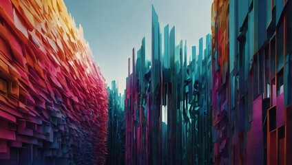 A digital artwork featuring architectural forms adorned with vibrant color gradients, blending seamlessly to evoke a sense of fluidity and energy. - obrazy, fototapety, plakaty