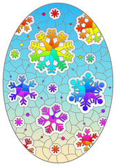 Illustration in the style of a stained glass window with bright snowflakes on a blue sky background, oval image