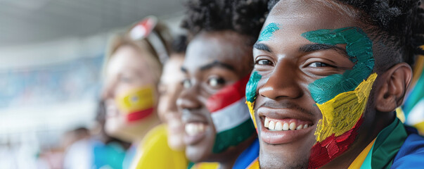 Smiling fans with painted faces in national colors displaying pride and joy at sporting event. Unity and festivity in stadium setting