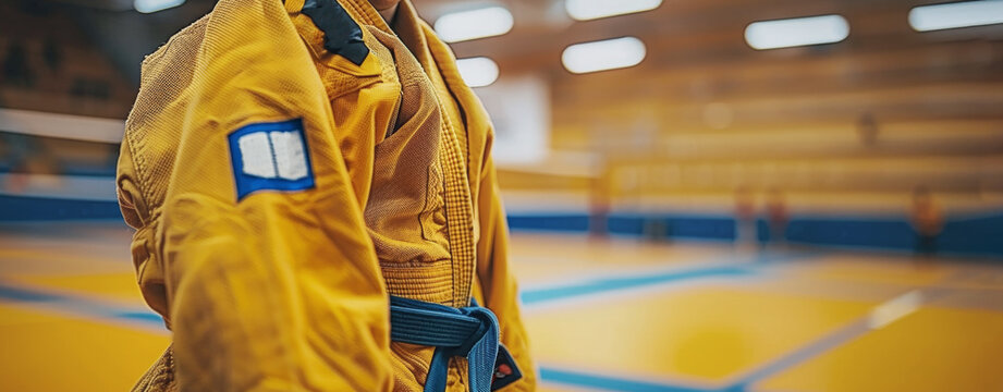 Close up of judo gi and blue belt with blurred dojo in background. Focus on martial arts attire symbolizing discipline and skill