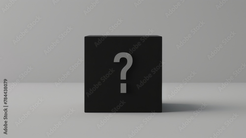 Poster black cube with question mark on a gray background