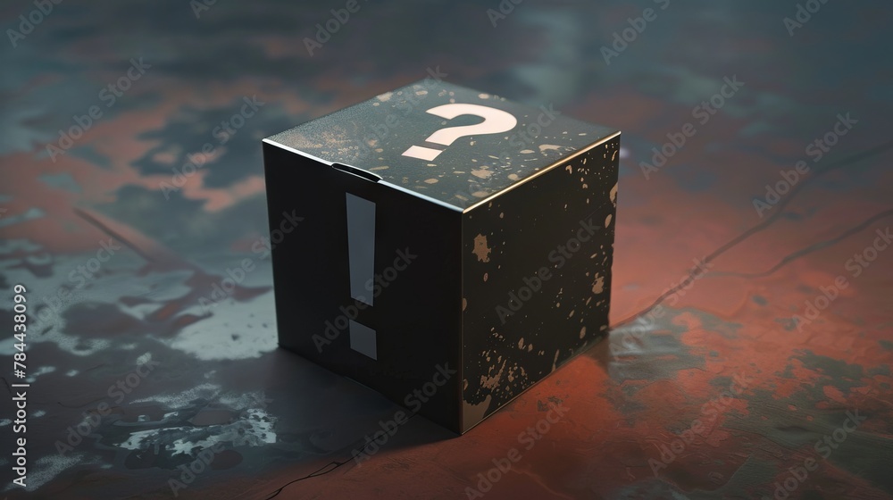 Poster question mark in a black box on a rusty background