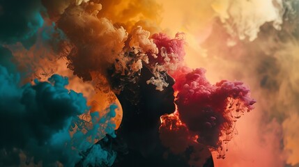 Portrait of a dark face in smoke with lots of colors presenting mind or sadness and depression with space, Generative AI. - obrazy, fototapety, plakaty