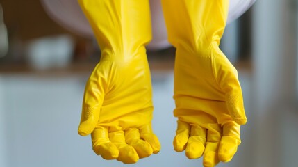 Pair of hands wearing bright yellow rubber cleaning gloves. The background is blurred, emphasizing the gloves