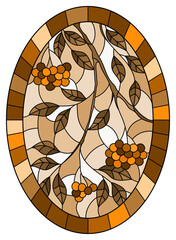 An illustration in stained glass style with a branch of mountain ash, clusters of berries and leaves in a frame 