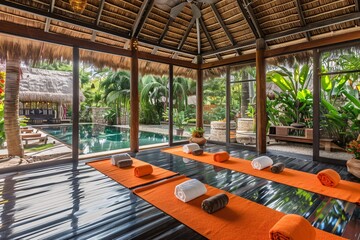 A yoga room with a clear view of a pristine pool, providing a serene setting for relaxation and exercise