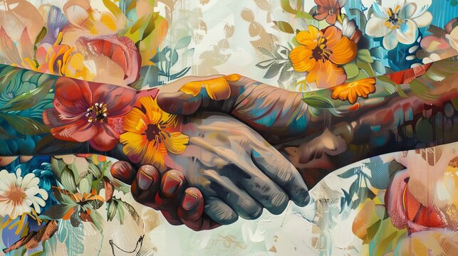 Harmonious handshake surrounded by floral embrace, symbolizing unity and natural beauty