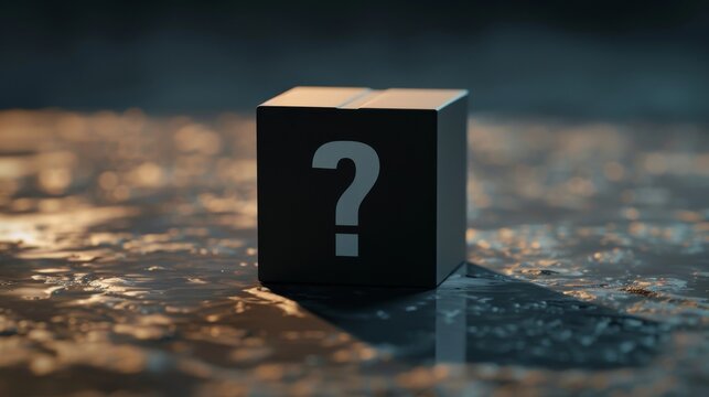 Mysterious black cube with a prominent white question mark placed on a wet reflective surface under dim lighting, creating an atmosphere of intrigue and curiosity