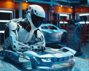 An android works on the assembly of a car in a factory - obrazy, fototapety, plakaty
