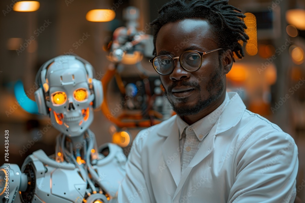 Poster a modern tech professional working closely with an advanced humanoid robot in a futuristic artificia