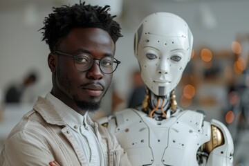A professional-looking man stands beside a humanoid robot, suggesting teamwork and technological advancement
