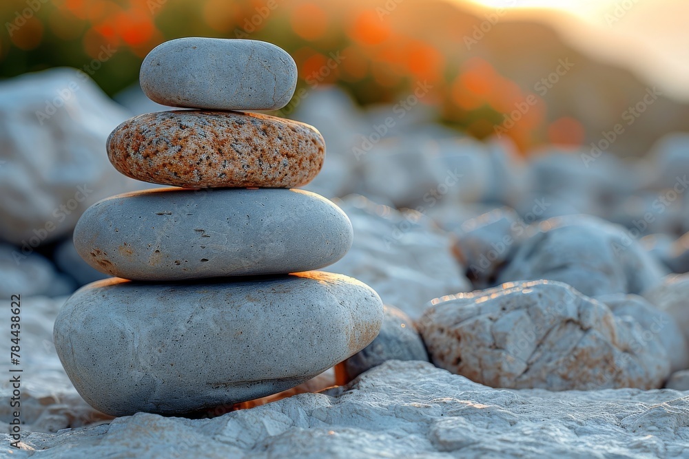 Poster a tranquil setting with smoothly stacked stones in the forefront, commonly symbolizing balance and p